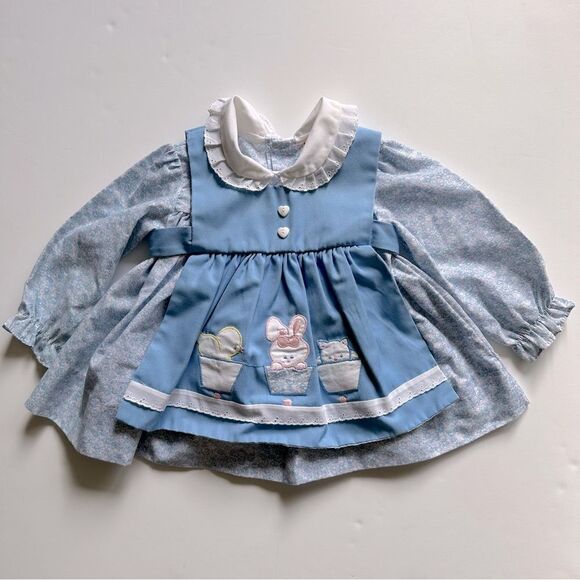 Vintage Peter Pan Collar Dress with Apron Duck Rabbit Cat Floral Print Size 18M - Picture 1 of 10